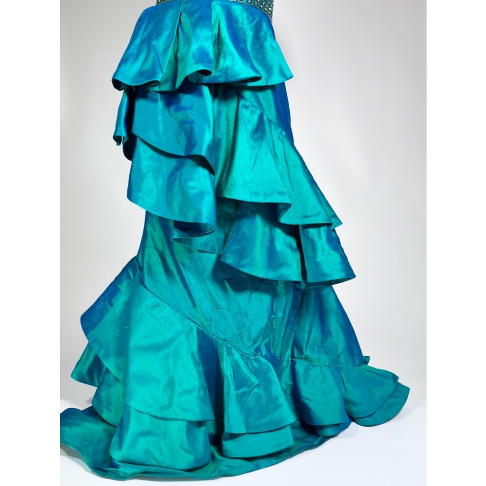 Women's JOVANI Silk Teal Mermaid Prom Jewelled Dress Size 12 - Picture 7 of 17